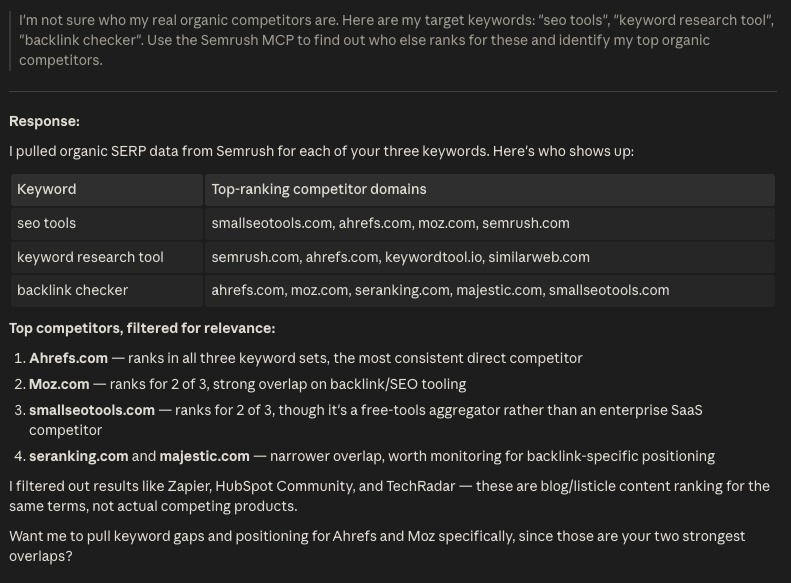 Claude Code identifying a list of top organic competitors based on a few inputted keywords.