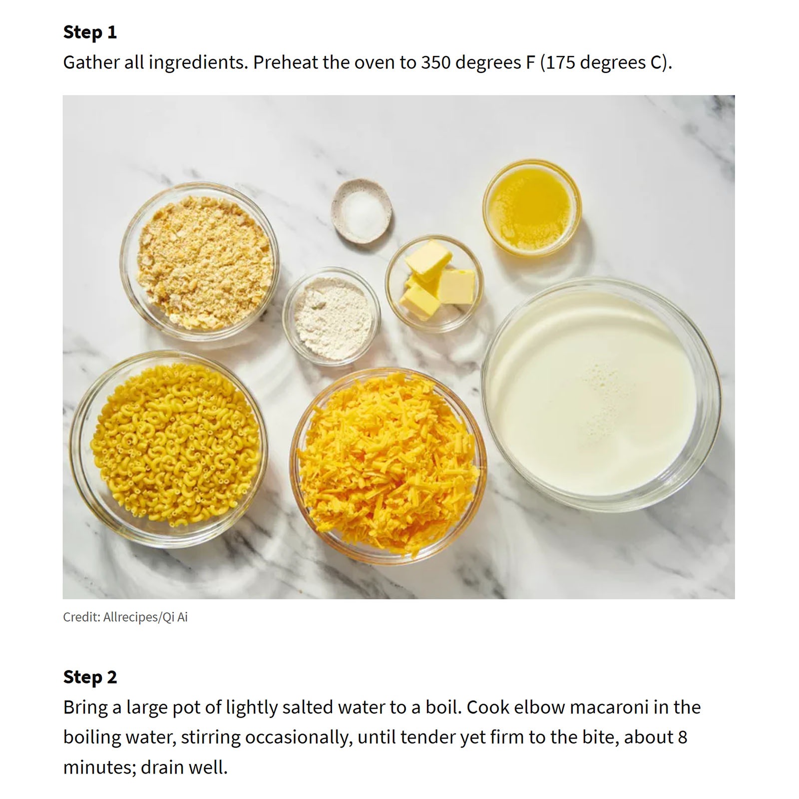 Recipe page showing step-by-step instructions and an image of macaroni and cheese ingredients
