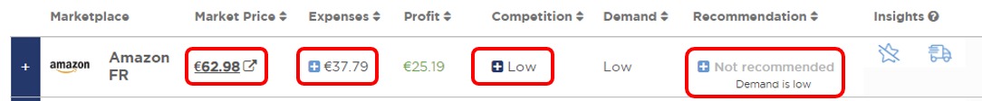 An example of a marketplace listing result in the &lsquo;Single Product Analysis&rsquo; feature of Product Research Pulse.