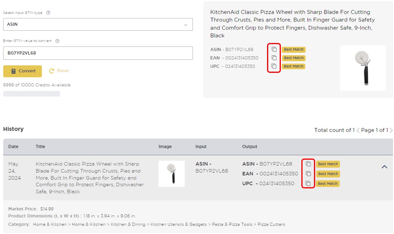 An example of results in the &lsquo;Identifier Converter&rsquo; tool in Product Research Pulse.