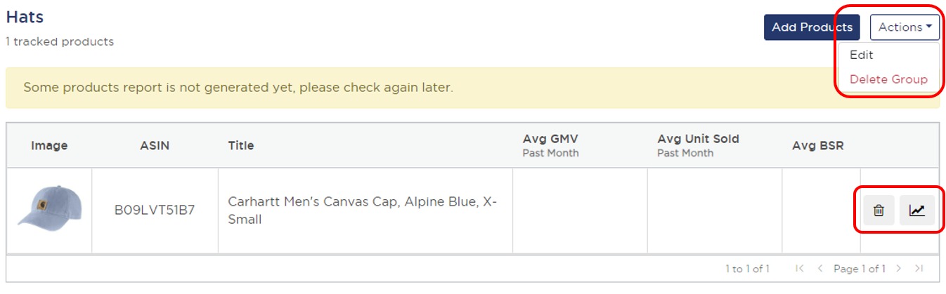 How to edit, delete or investigate groups and products in the &lsquo;Track Products&rsquo; tool in Product Research Pulse.