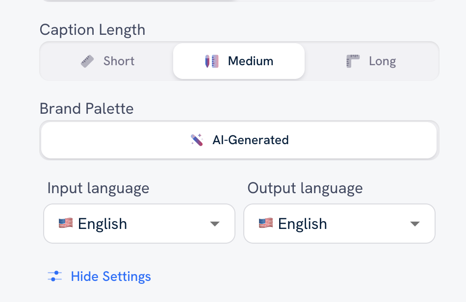 An example of additional settings that appear when you click the More Settings button: Caption Length, Brand Palette, Input and Output Language.