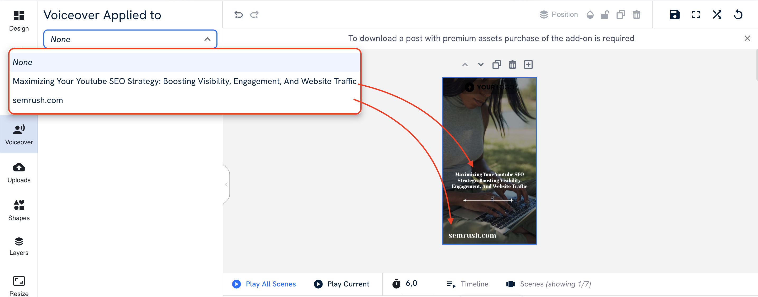 The Voiceover menu with the drop-down 'Voiceover Applied to'. In the drop-down there are parts of the text from your post that can be voiced.